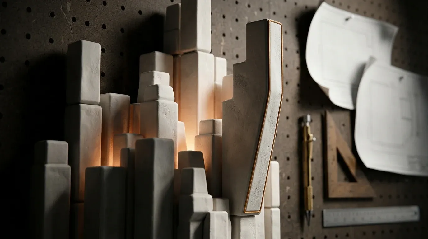 A spot-market ticker abstracted into pulsing volumetric columns, pinned to a workshop wall beside blank blueprint sheets and drafting tools
