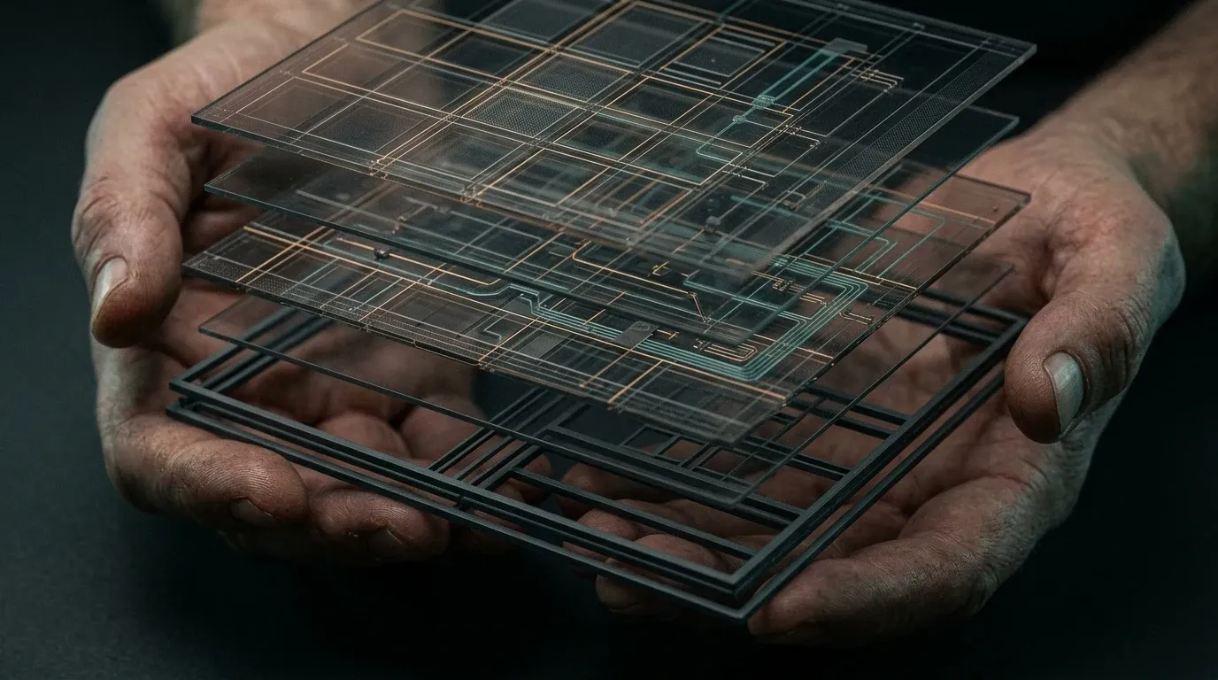 Layered CSS grid planes floating in parallax above a page skeleton, held in a pair of hands, only the hands and the subject lit