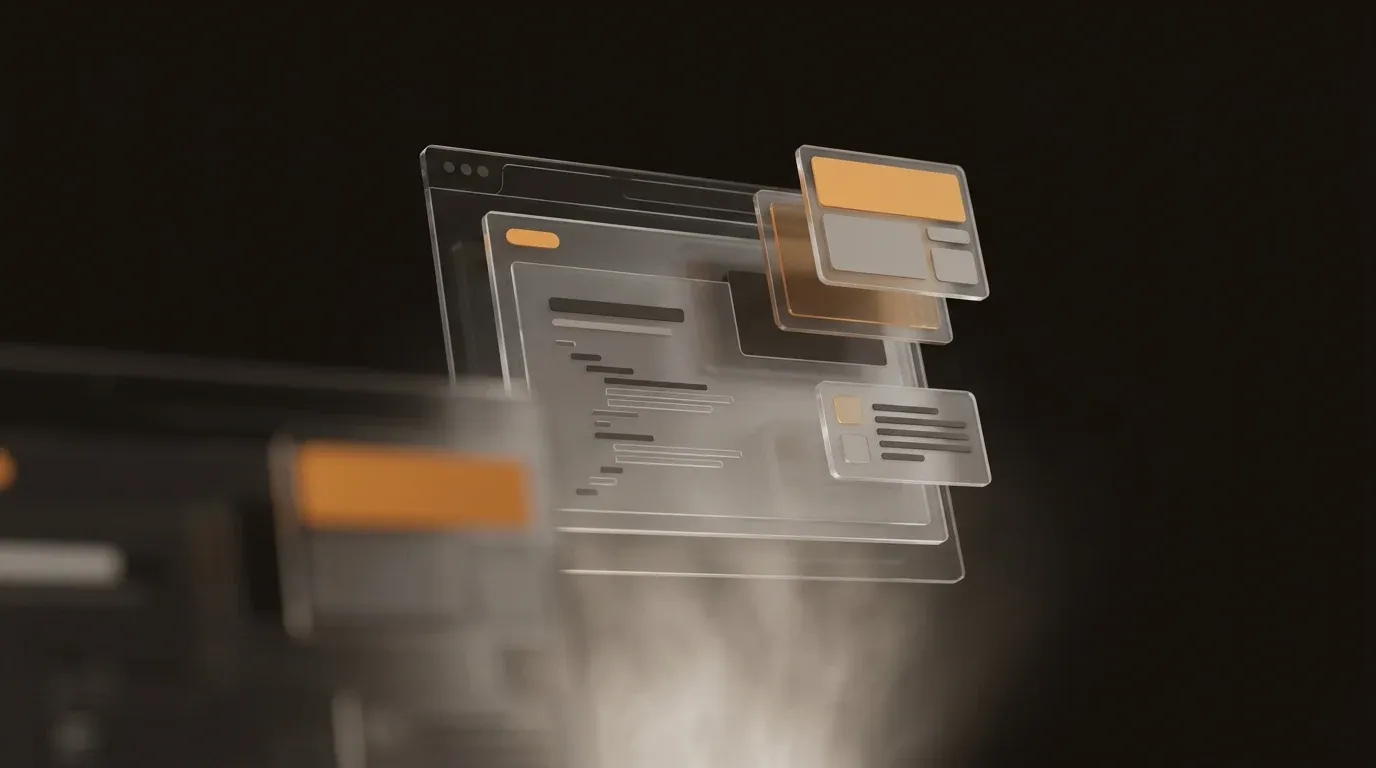 A browser viewport frame with hydrating component islands lifting off the page, floating in empty space with no ground plane, pure abstraction