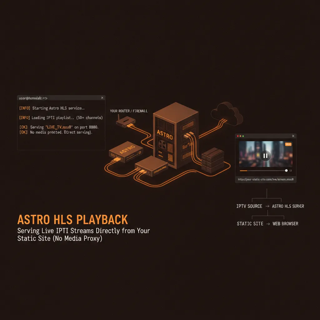 A network diagram showing a live video source feeding an Astro static site, which then serves HLS video directly to a browser without a media proxy.