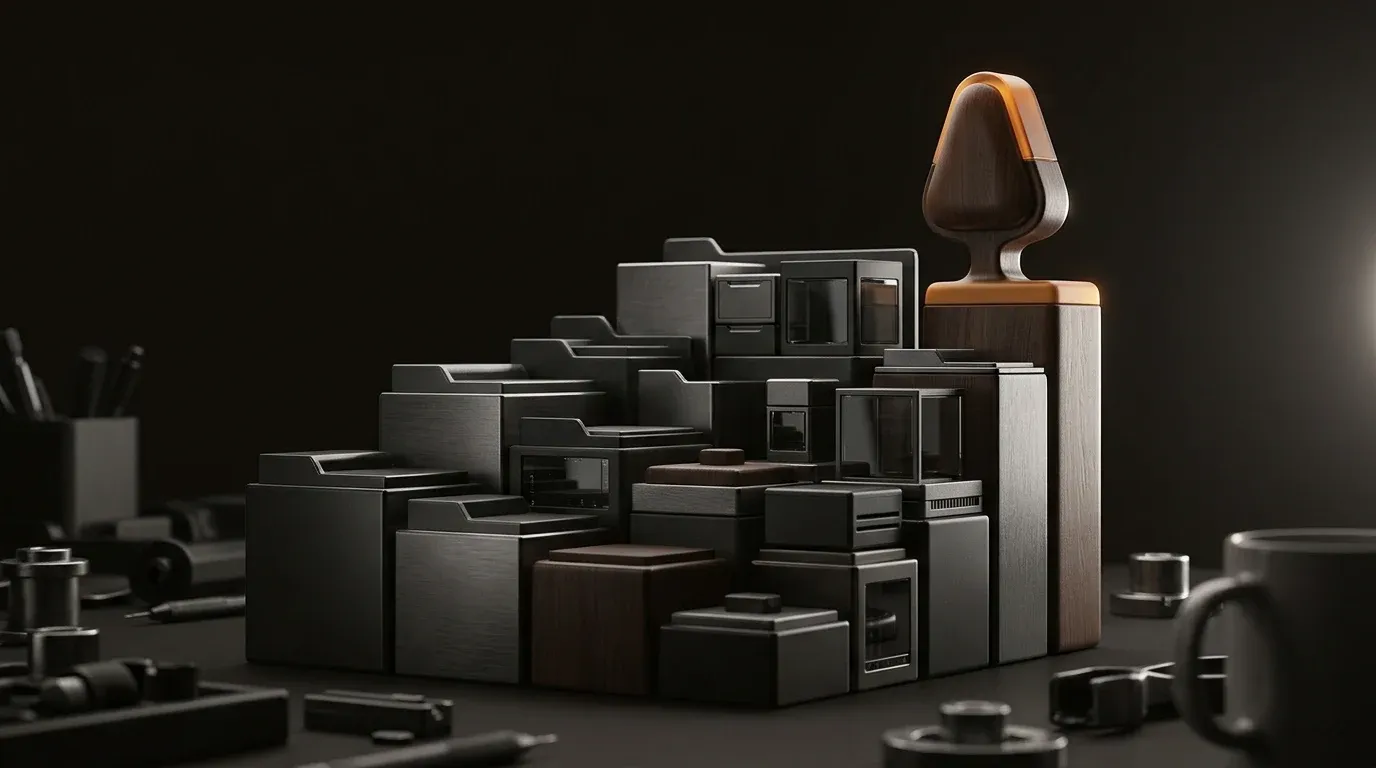 A build pipeline of nested file blocks compiling into a static output tree, on a cluttered working desk, out-of-focus hand tools and a mug at the frame...