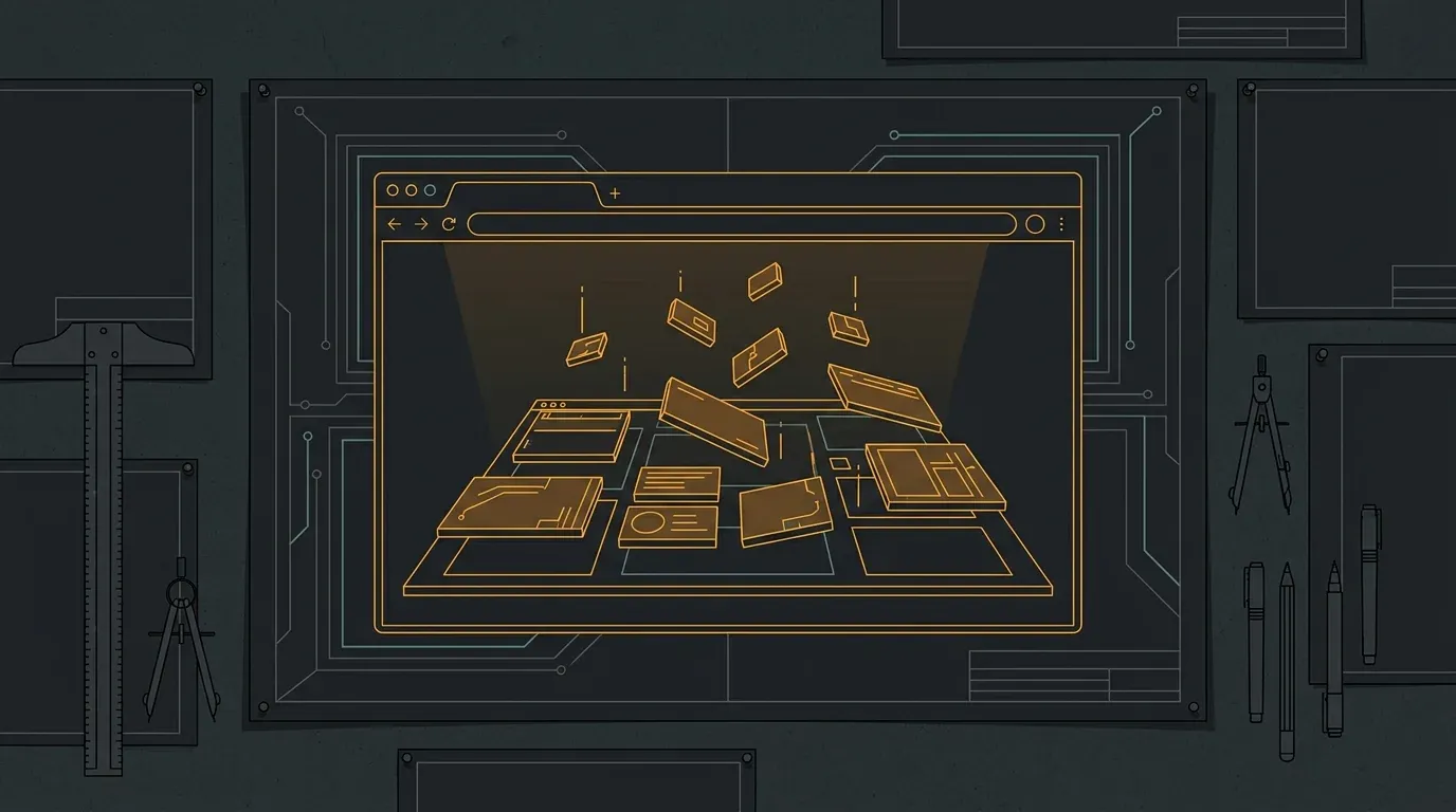 Illustration of page content fragments lifting out of a browser window into a search index, pinned to a workshop wall beside drafting tools