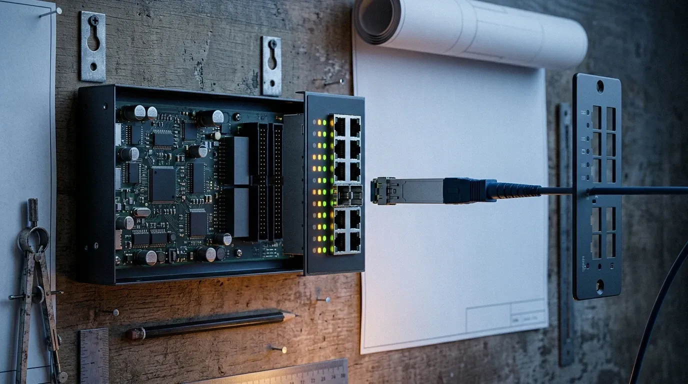 A wall-mounted switch with fibre uplinks and a row of blinking port lights, pinned to a workshop wall beside blank blueprint sheets and drafting tools