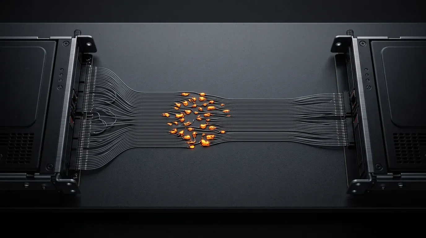 Two server drive bays joined by a bundle of grey data traces, with a cluster of breaks in the middle sealed by glowing amber patches