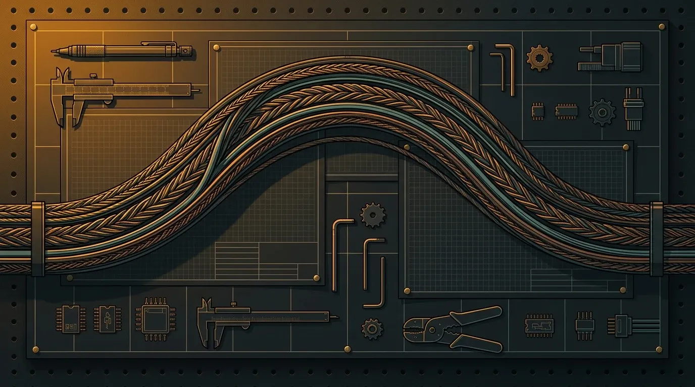 A cable run of braided power and data lines sweeping through frame, pinned to a workshop wall beside blank blueprint sheets and drafting tools