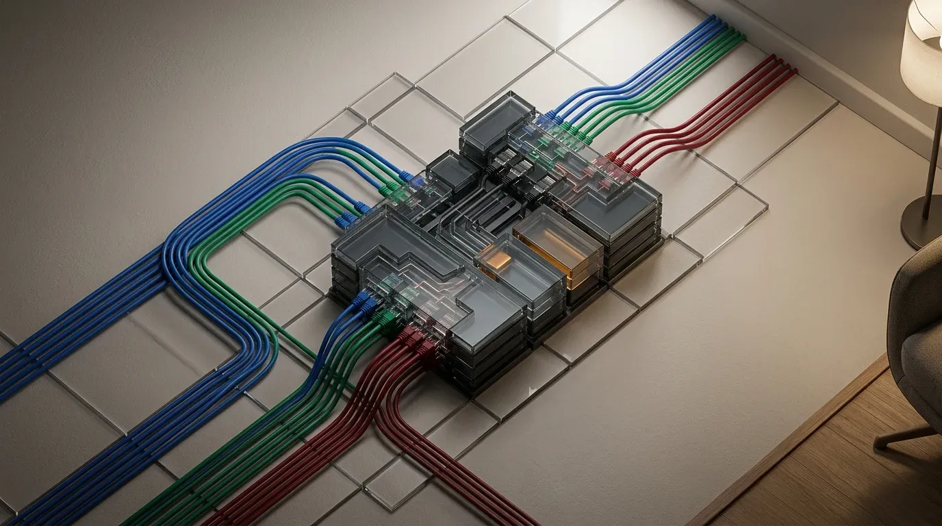 Colour-coded ethernet runs converging on a patch panel port block, in a domestic room corner at night, one lamp just off-frame