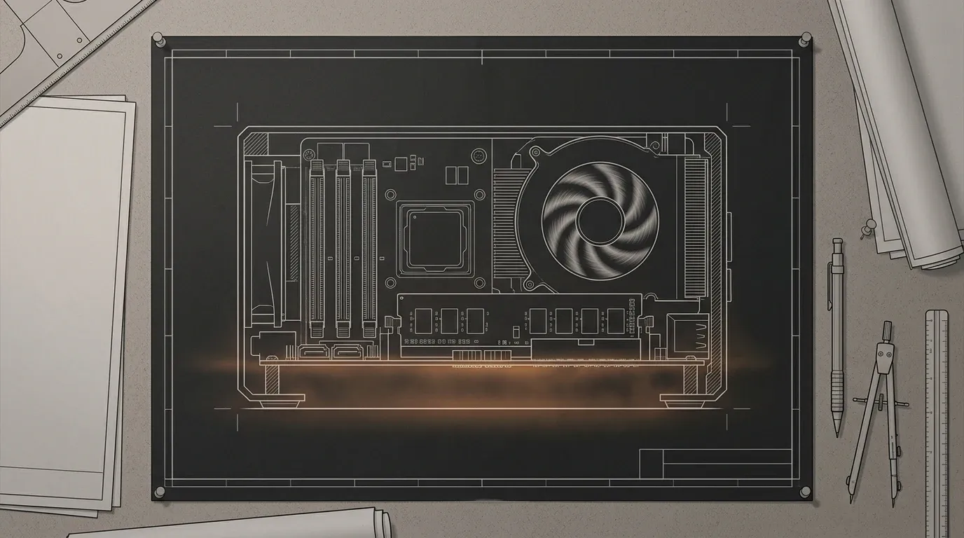 An open chassis with RAM sticks and a spinning fan blade, interior in focus, pinned to a workshop wall beside blank blueprint sheets and drafting tools
