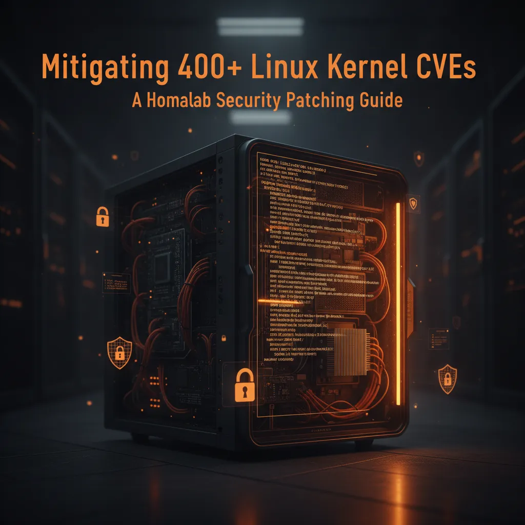 A terminal window displaying a scrolling list of Linux kernel CVEs, symbolizing the challenge of vulnerability management.