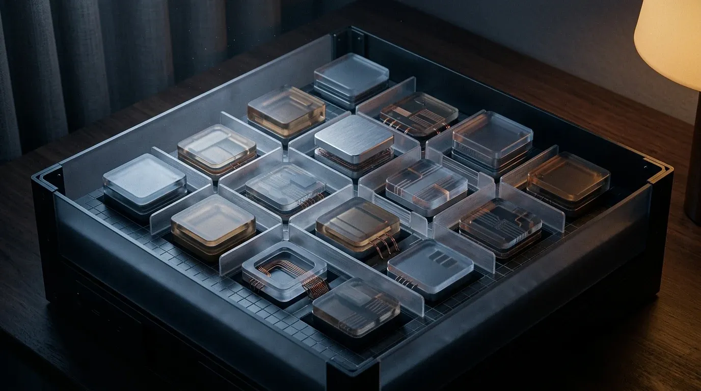 Nested translucent compute cells partitioned inside a single chassis volume, in a domestic room corner at night, one lamp just off-frame