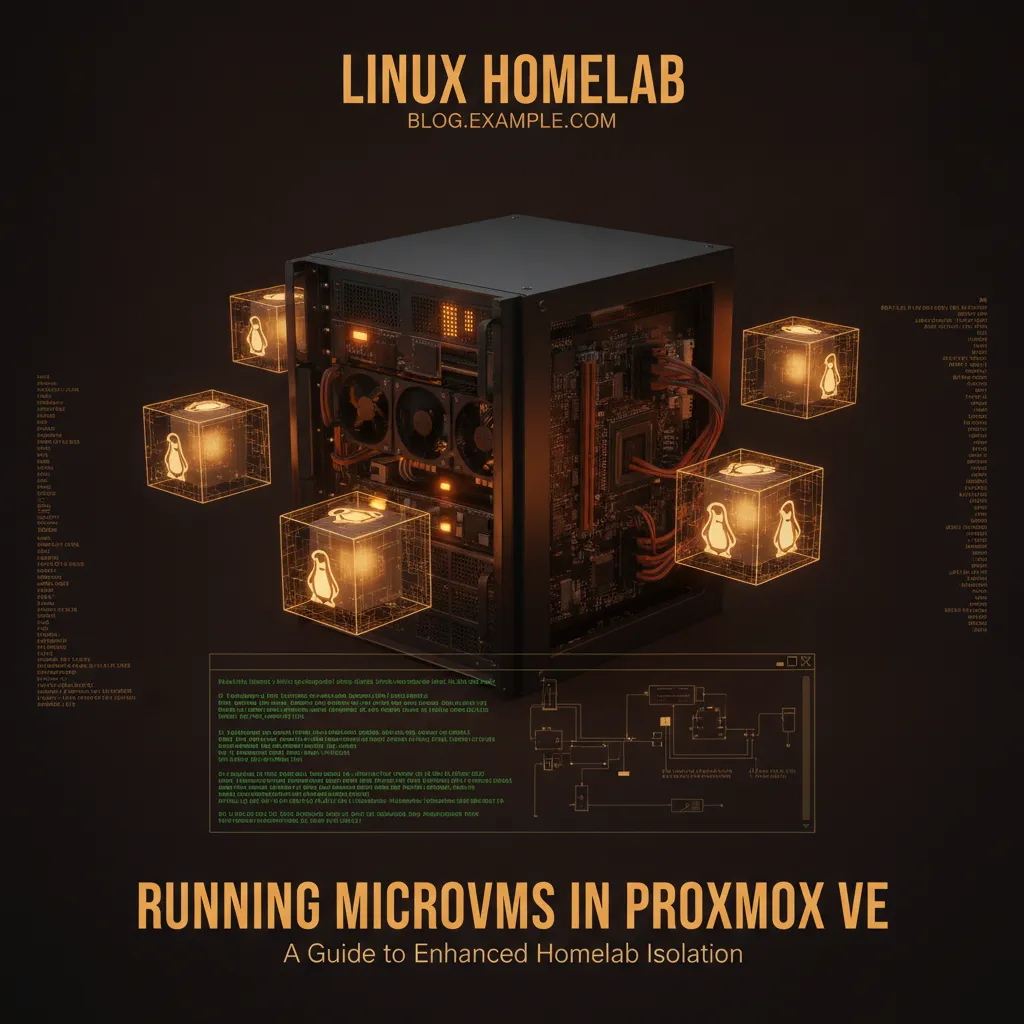 An abstract network diagram showing isolated microVMs running on a Proxmox server, symbolizing enhanced homelab security.
