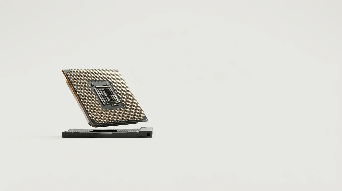 A CPU package lifted from its socket, pin grid catching a hard rim light, isolated on a seamless studio backdrop, nothing else in frame