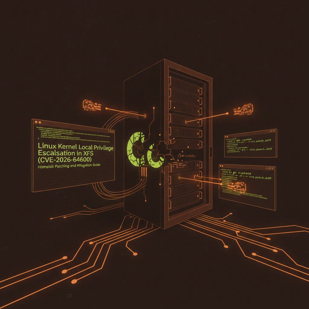 A server rack in a homelab with a red warning symbol overlaid, representing the CVE-2026-64600 XFS vulnerability.