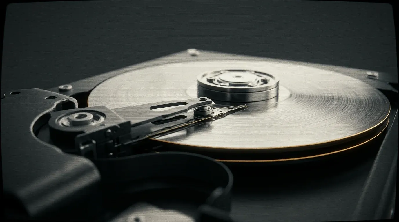 A drive platter in extreme macro with the head arm poised above it, isolated on a seamless studio backdrop, nothing else in frame