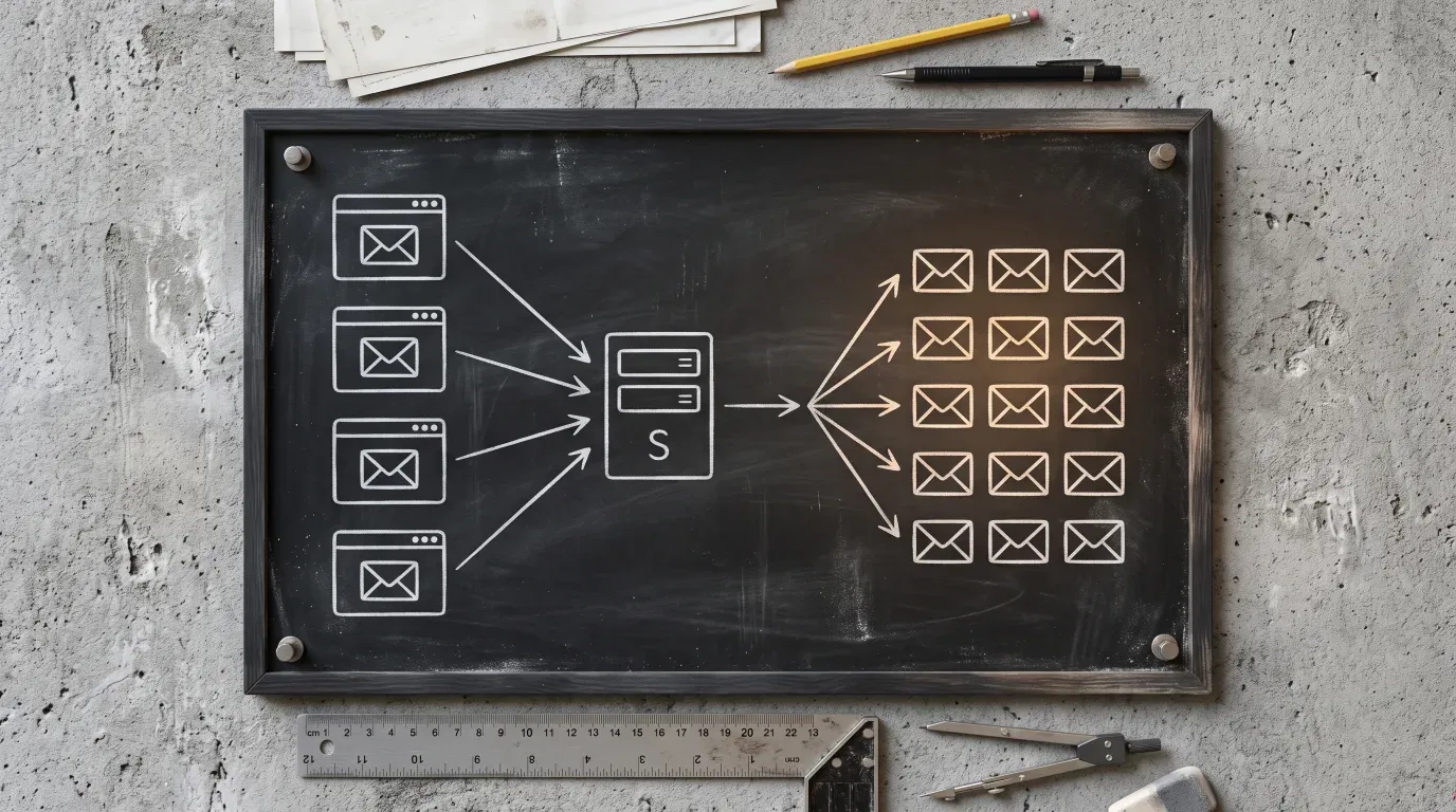 Chalk diagram on a blackboard: four website windows with envelopes feeding one server box, which relays to a grid of envelopes, with a ruler and compass below