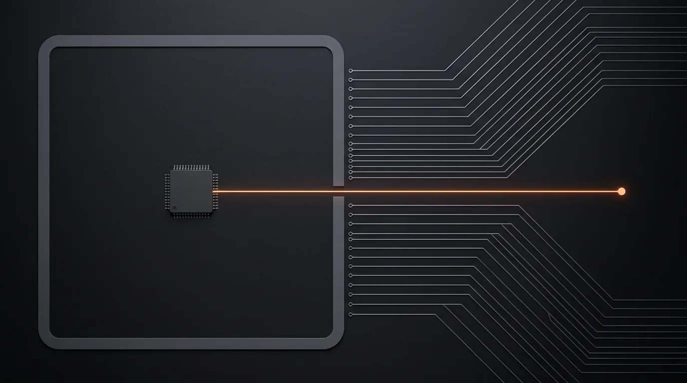Dark circuit board where grey inbound traces stop dead against a walled boundary while one orange trace escapes through a gap to an outside node