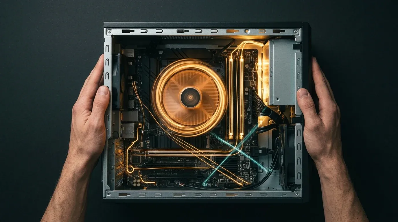 An open chassis with RAM sticks and a spinning fan blade, interior in focus, held in a pair of hands, only the hands and the subject lit