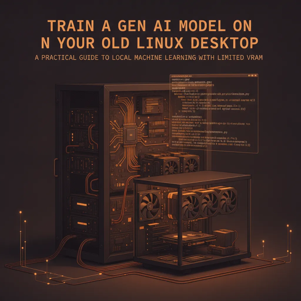 A person working on a Linux desktop computer with code on the screen, surrounded by server hardware, symbolizing a local machine learning homelab.