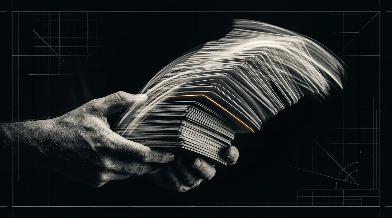 A run-book of stacked task cards cascading in perspective, held in a pair of hands, only the hands and the subject lit