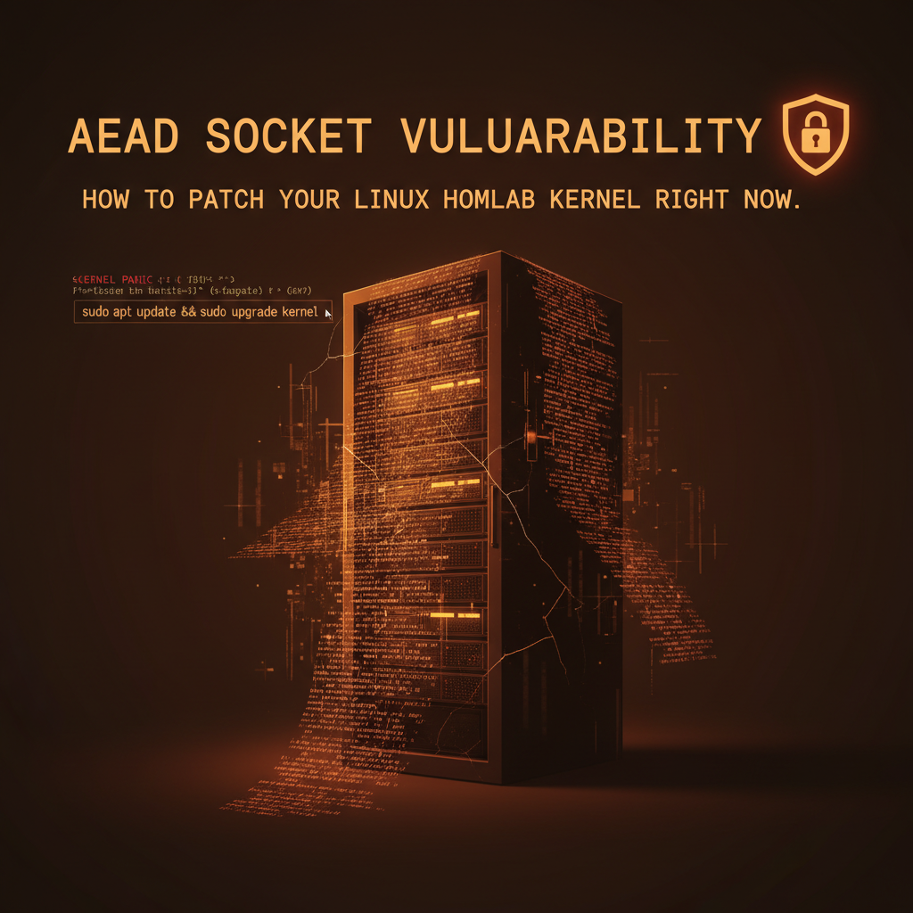 Terminal window showing Linux kernel version check and security patch output on a homelab server