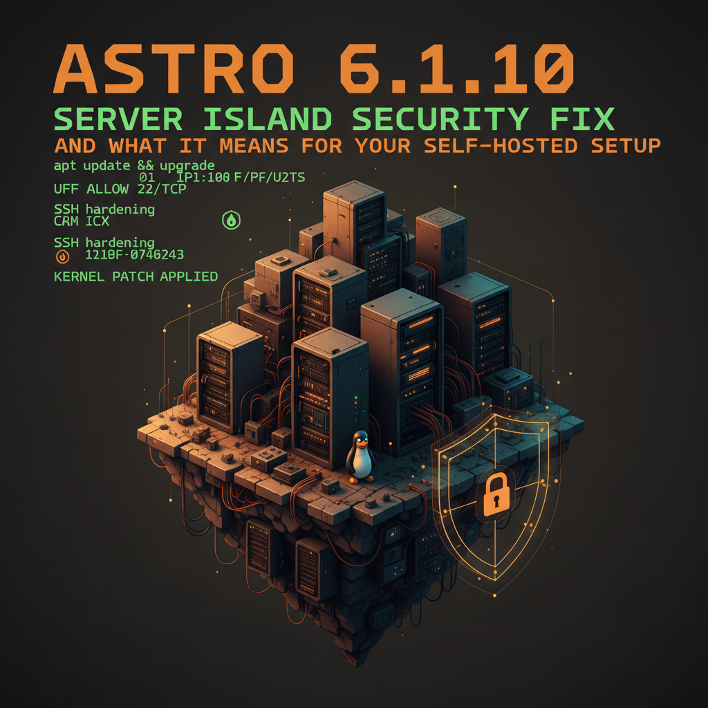 Terminal output showing Astro 6.1.10 update process with server island security patch applied