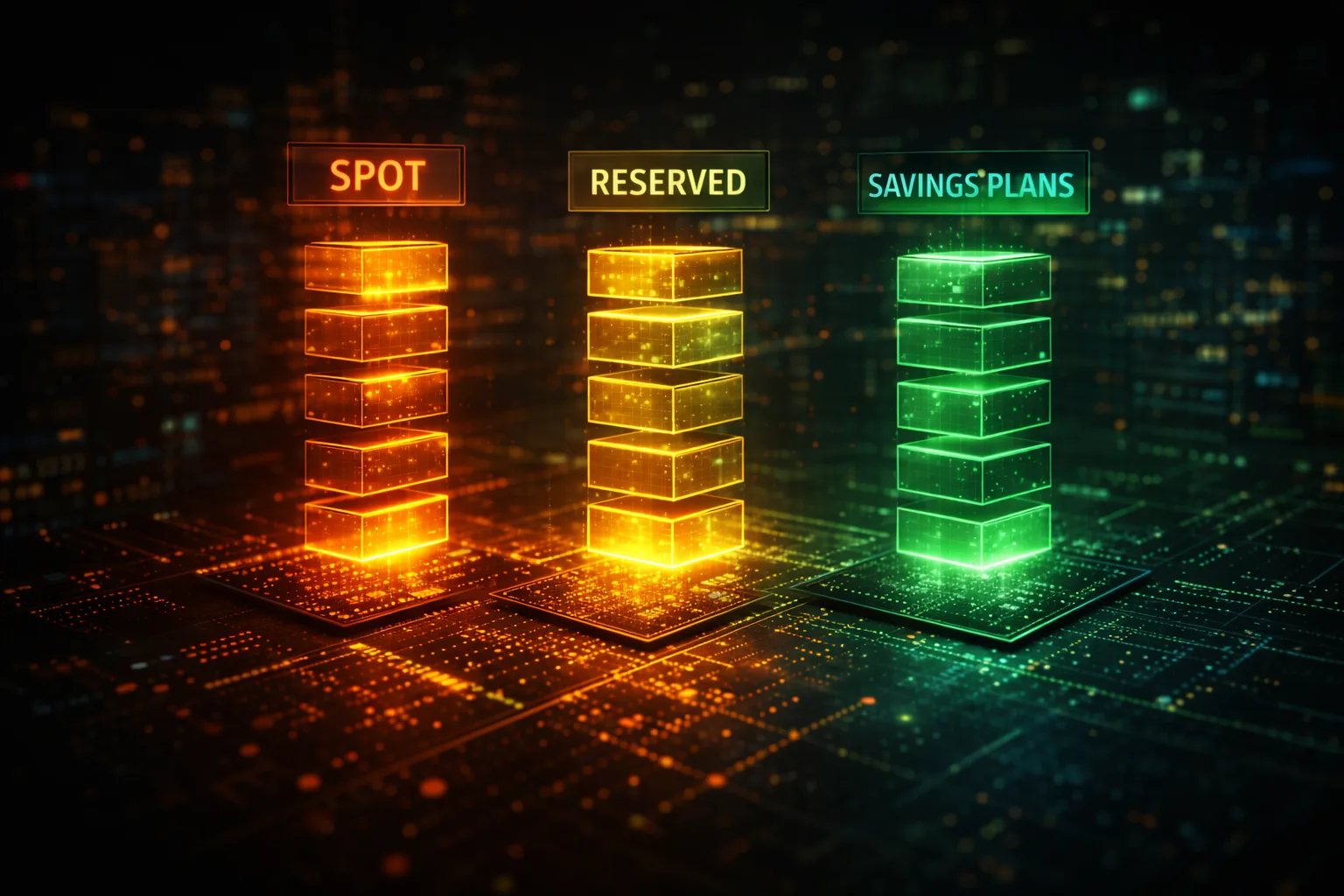 AWS Cost Explorer showing spot instance, reserved instance, and savings plan pricing comparison for a homelab operator