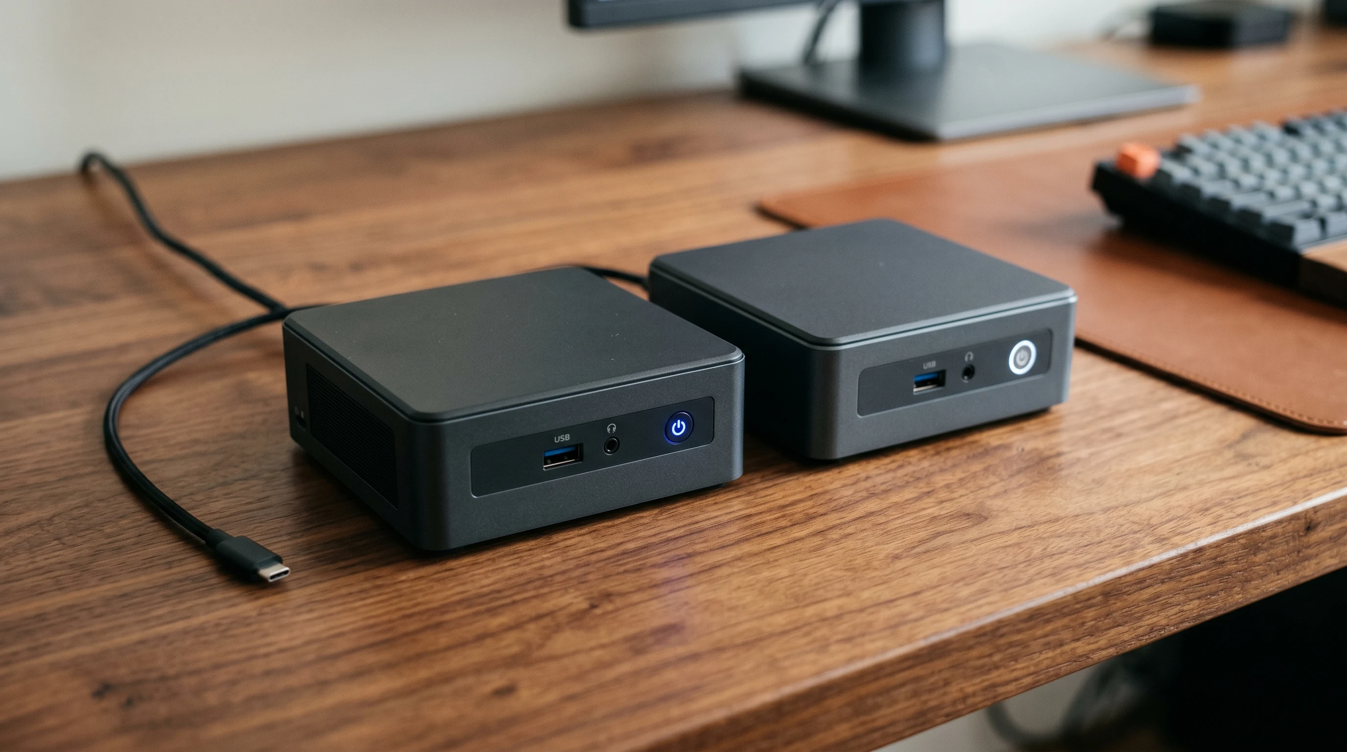 Beelink and MinisForum mini PCs lined up as homelab servers, showing compact form factor compared to a rack server