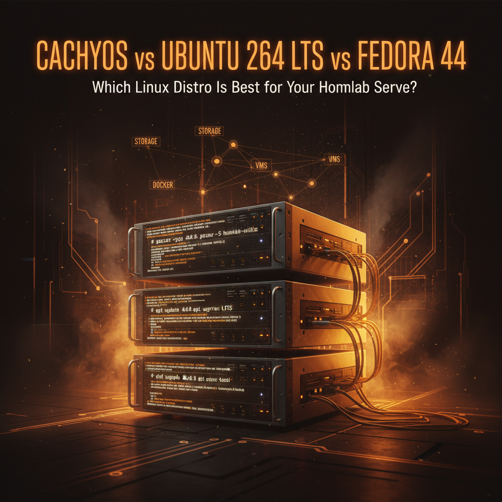 Three terminal windows side by side showing CachyOS, Ubuntu 26.04, and Fedora 44 system info on a homelab server rack