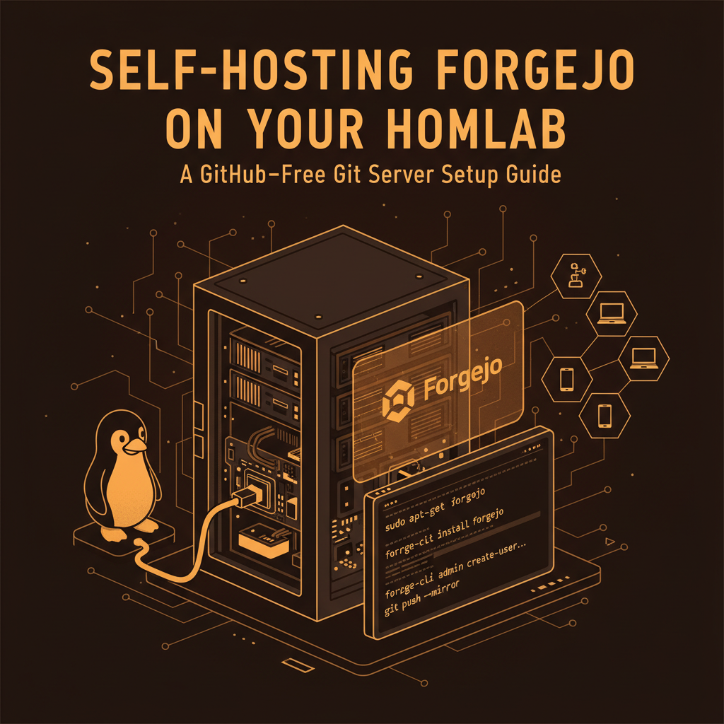 Terminal window showing Forgejo self-hosted Git server running on a homelab server with Docker Compose