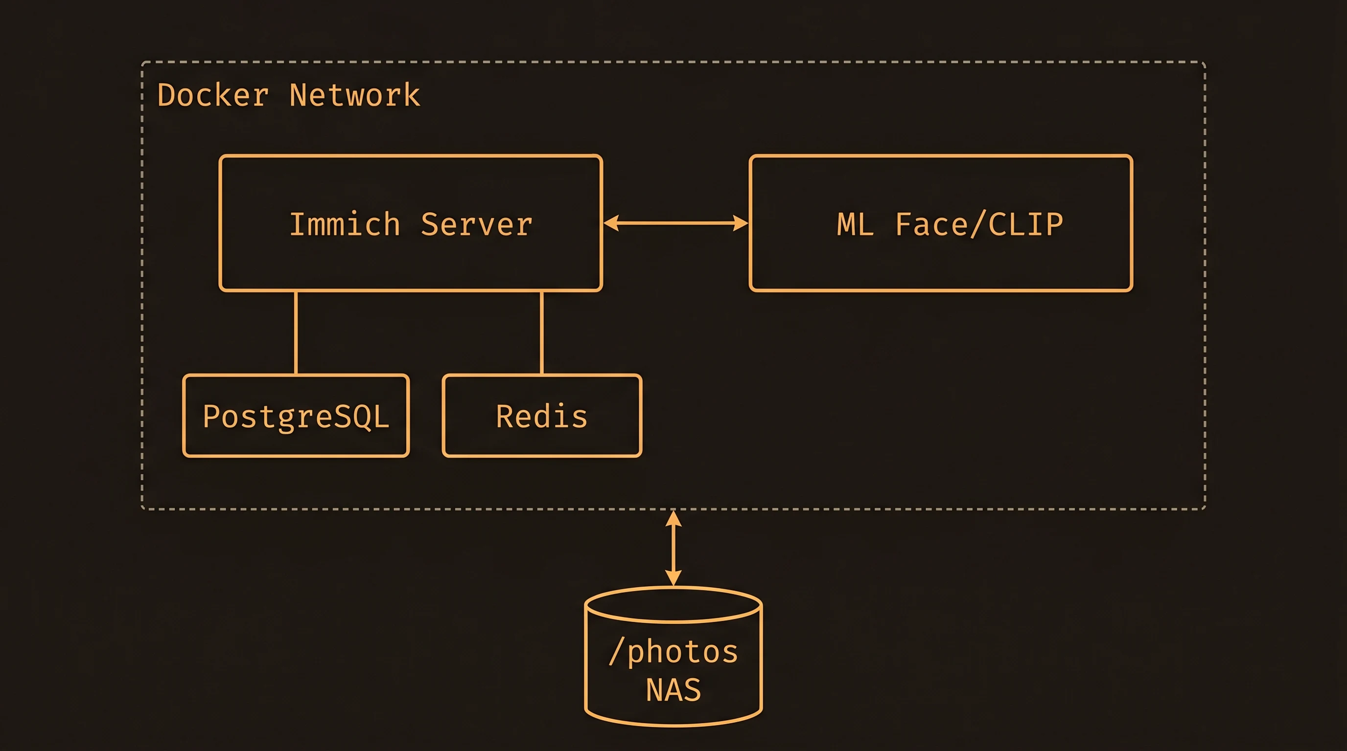 Immich microservice architecture: Immich Server connected to ML Face/CLIP, PostgreSQL, Redis, and /photos NAS storage