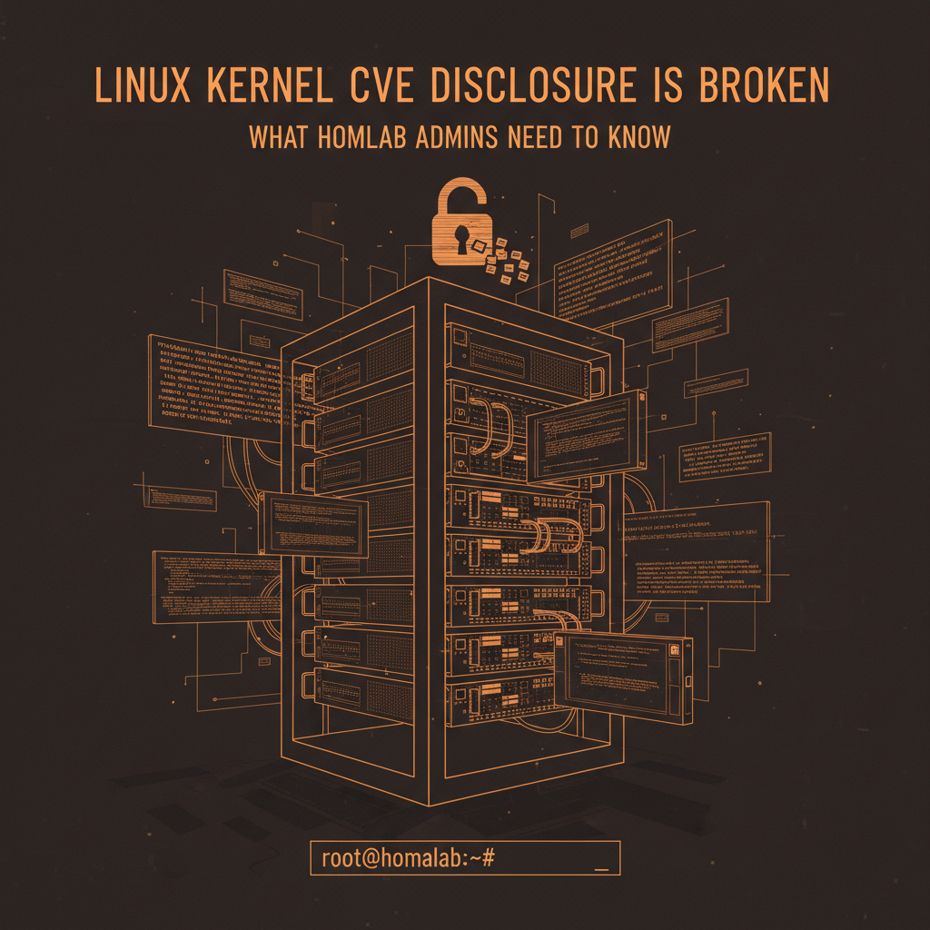 Terminal screen showing kernel CVE vulnerability alerts and patch status on a Linux homelab server