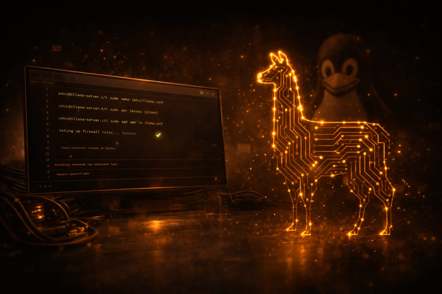 Terminal showing Ollama pulling a Llama 3 model on Linux with GPU acceleration active and Open WebUI running