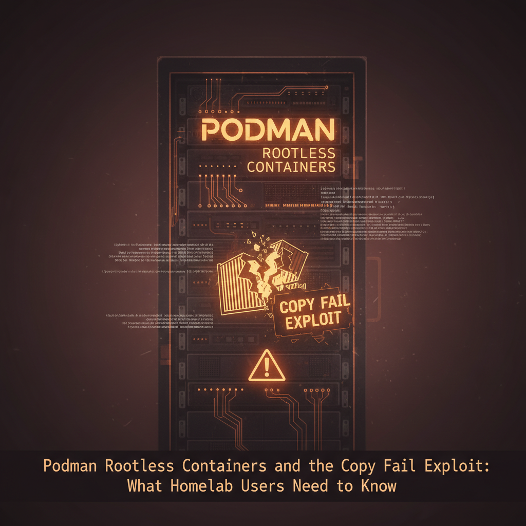 Terminal window showing Podman rootless container commands with a security warning overlay on a dark Linux desktop