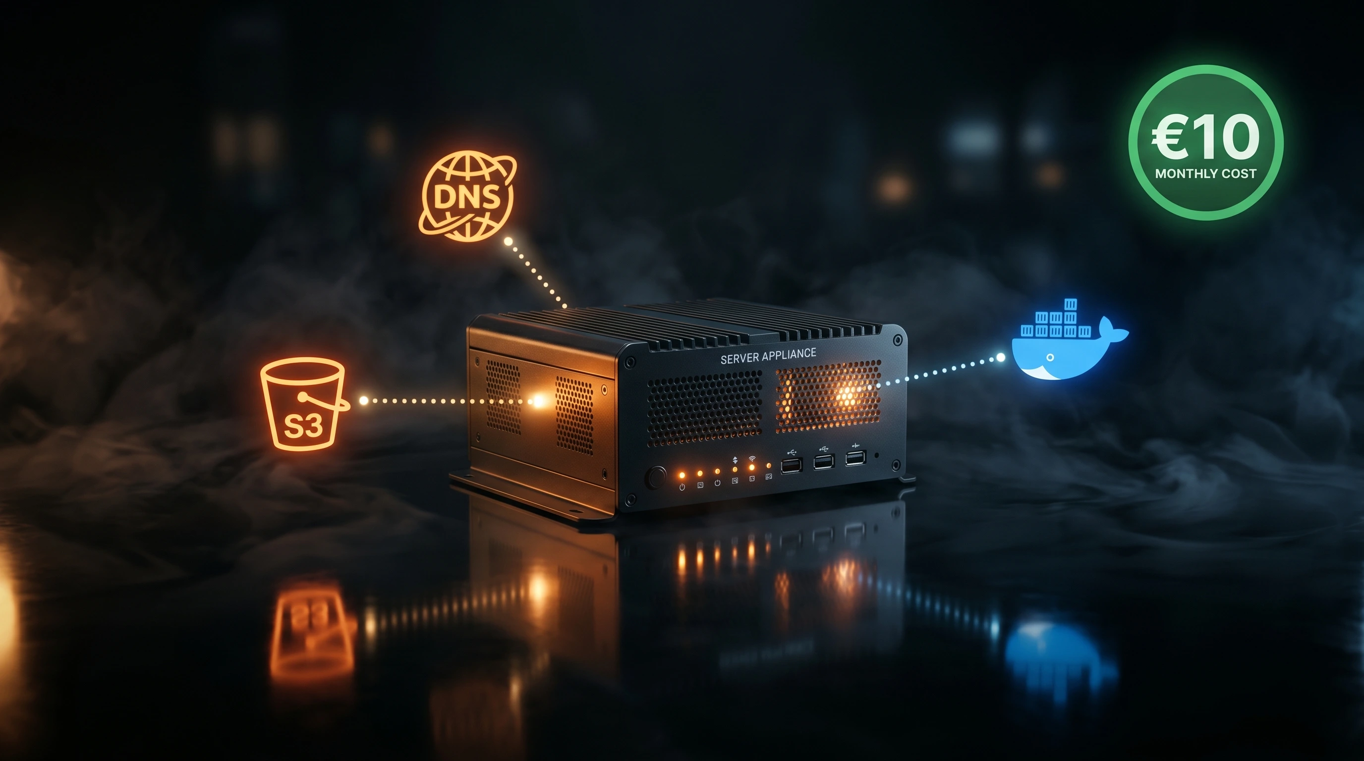 AWS console showing a t3.micro EC2 instance, Route 53 DNS, and S3 bucket making up a 10 euro per month cloud stack