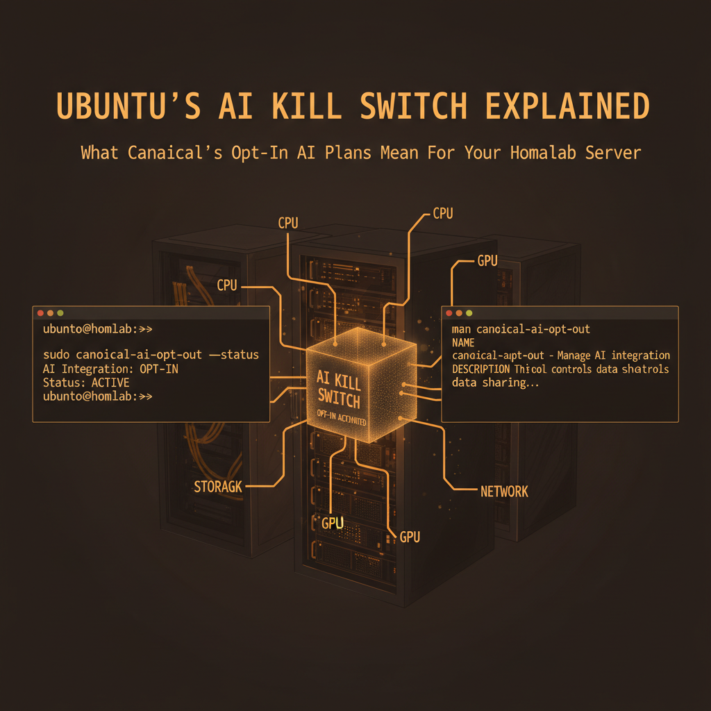 Terminal screen showing Ubuntu server with snap packages listed and AI components being disabled